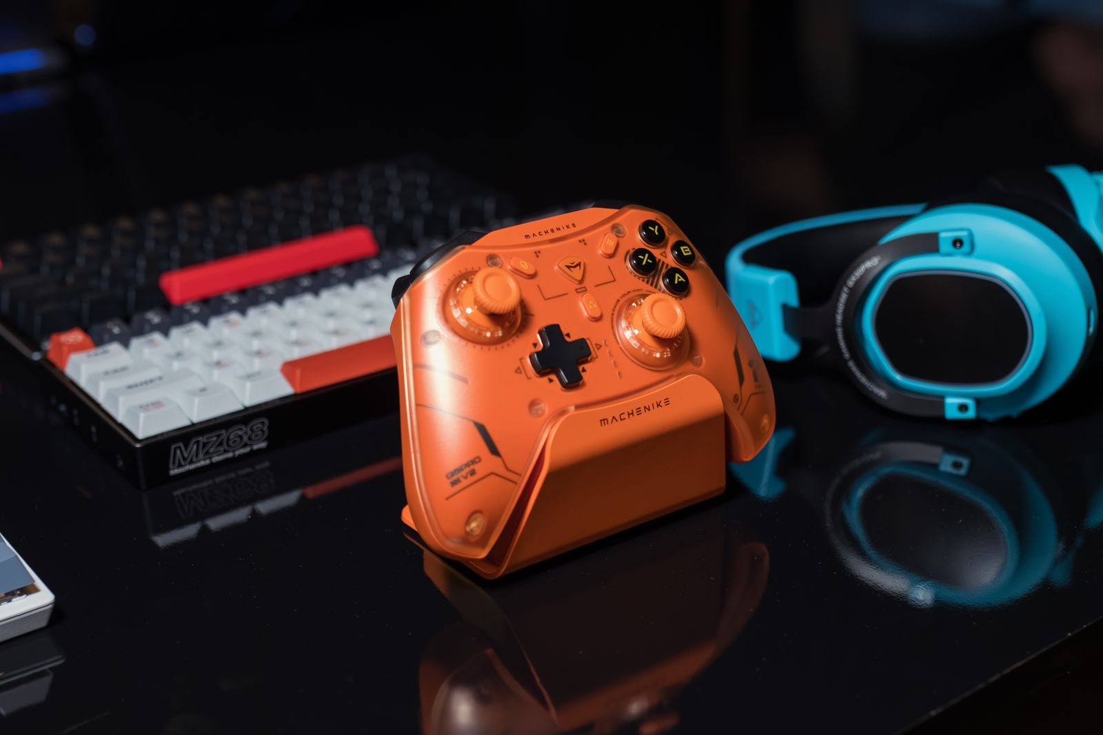 Colourful gaming controllers and keyboard
